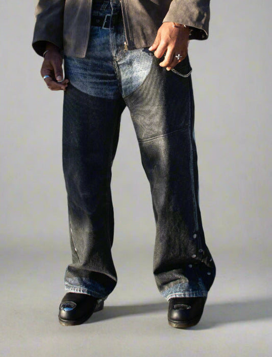 High-Street Leather Patchwork Jeans