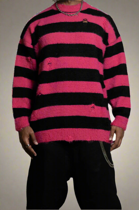Contrast Distressed Striped Sweater