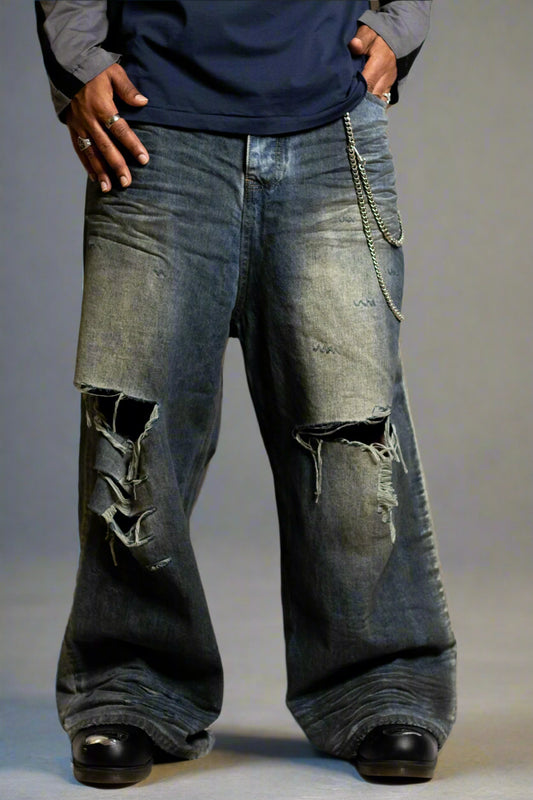 Frayed Distressed Wide-Leg Jeans
