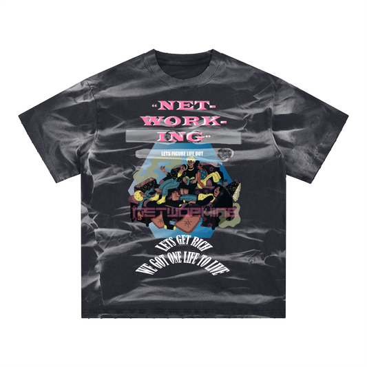 "Networking" Irregular Stripe Frayed Washed Tee